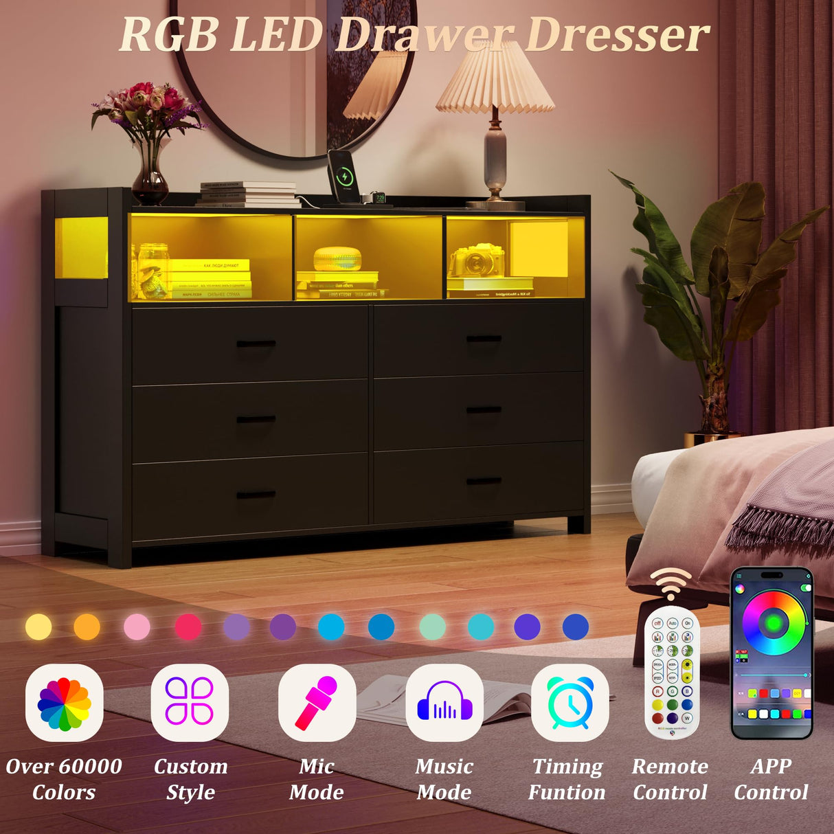 Whalefall Black LED Dresser for Bedroom, 6 Drawer Dressers & Chests of Drawers with Power Strip, Modern Dressers Wooden Storage Cabinet for Adults, Kids Whalefall