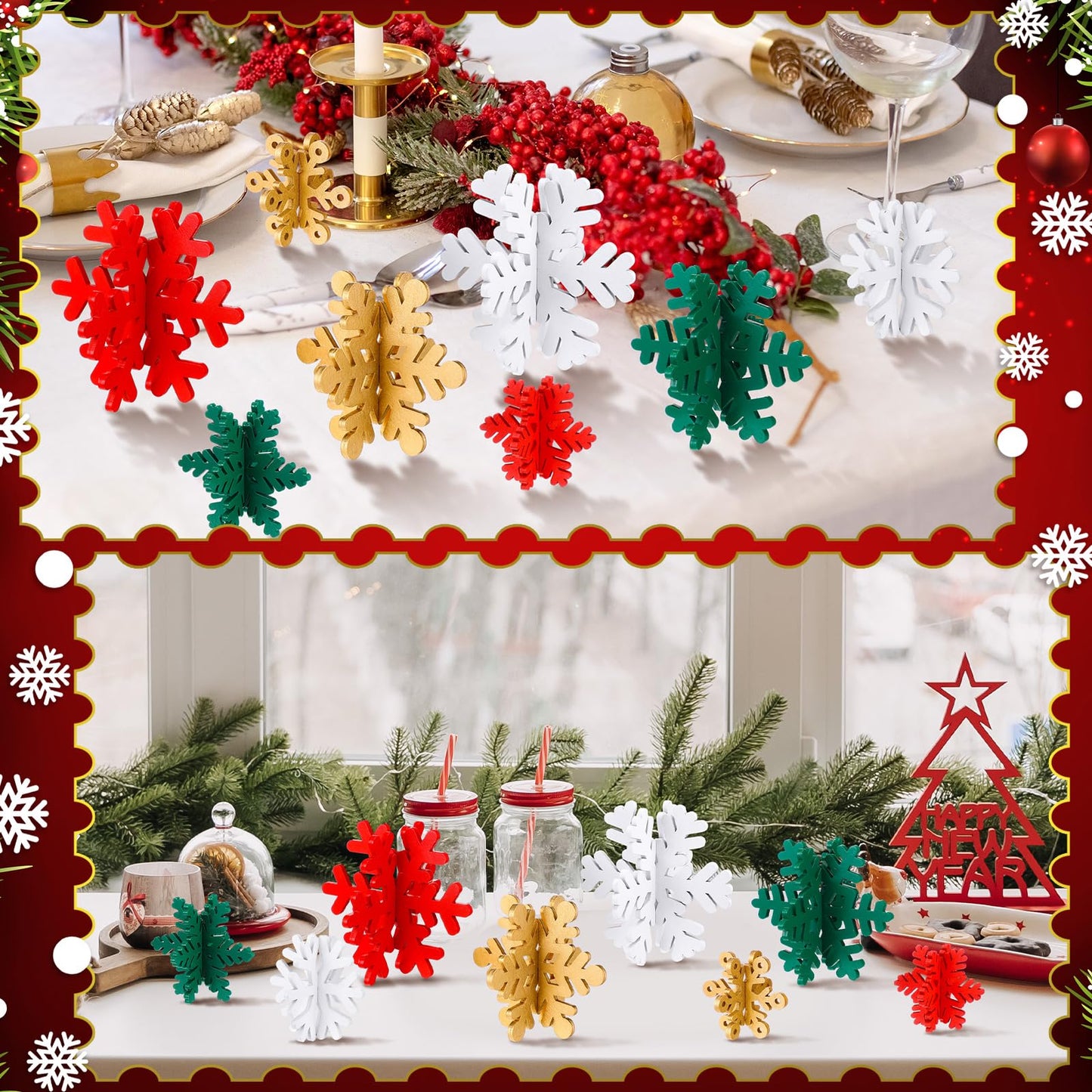 Wenqik 16 Pcs Winter Wooden Snowflake Decor Christmas Winter Snowflake Tabletop Decorations 3D Snowflake Table Signs Standing Centerpiece Tiered Tray Decorations for Party(Gold, White, Green, Red)