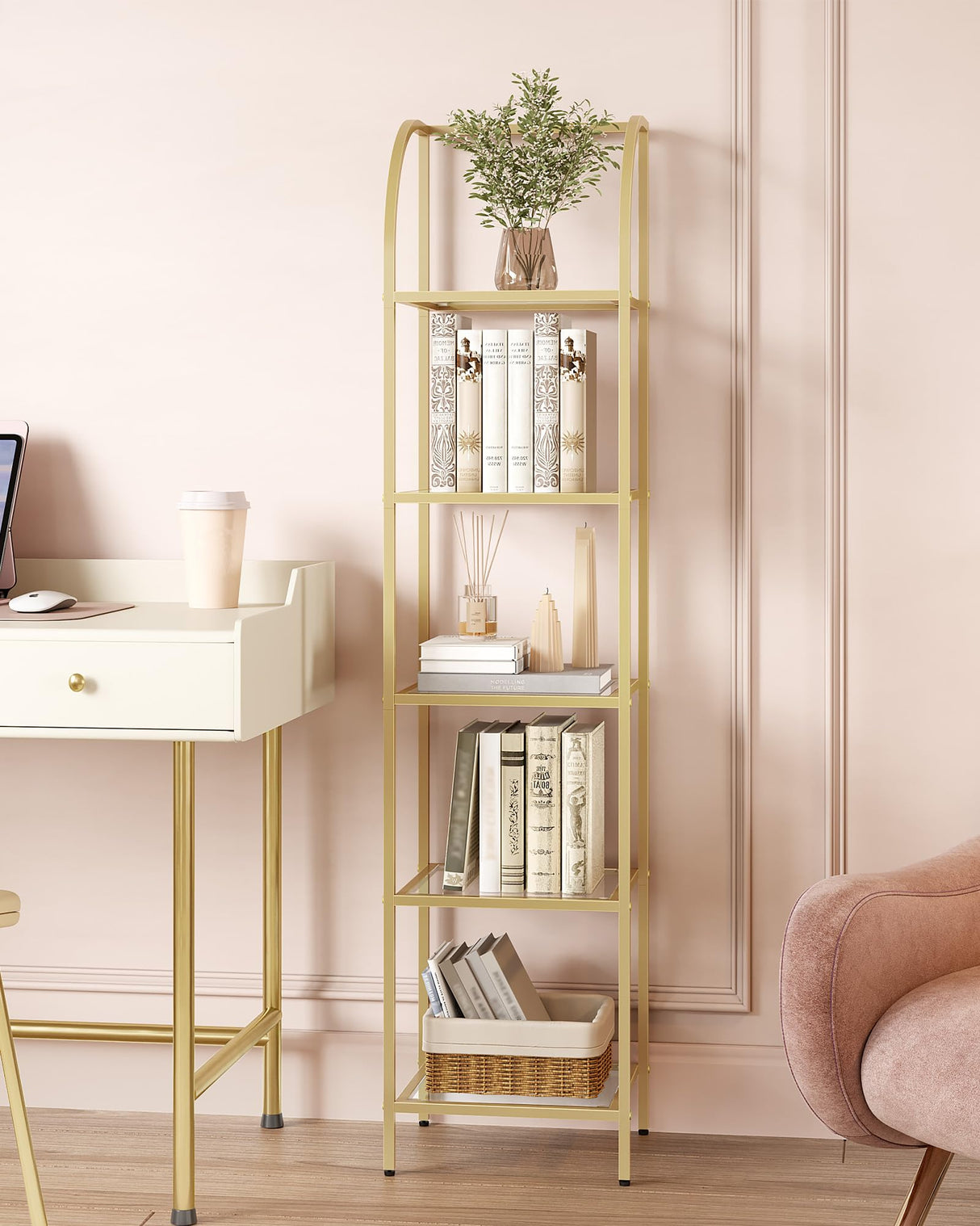 Hzuaneri Bookcase Bookshelf, Tempered Glass Arched Bookshelf for More Storage, Slim Shelving Unit for Bedroom, Bathroom, Home Office, Steel Frame, 5 Tier Gold BC20599G Hzuaneri