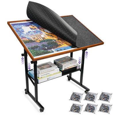 Sunix 1500 Pieces Jigsaw Puzzle Table with Legs, 36"x26" Adjustable Height Puzzle Board with Cover & 6 Sorter Tray, 12-Tilting-Angle Portable Wooden Puzzle Table for Adults, Enclosed with Wheels