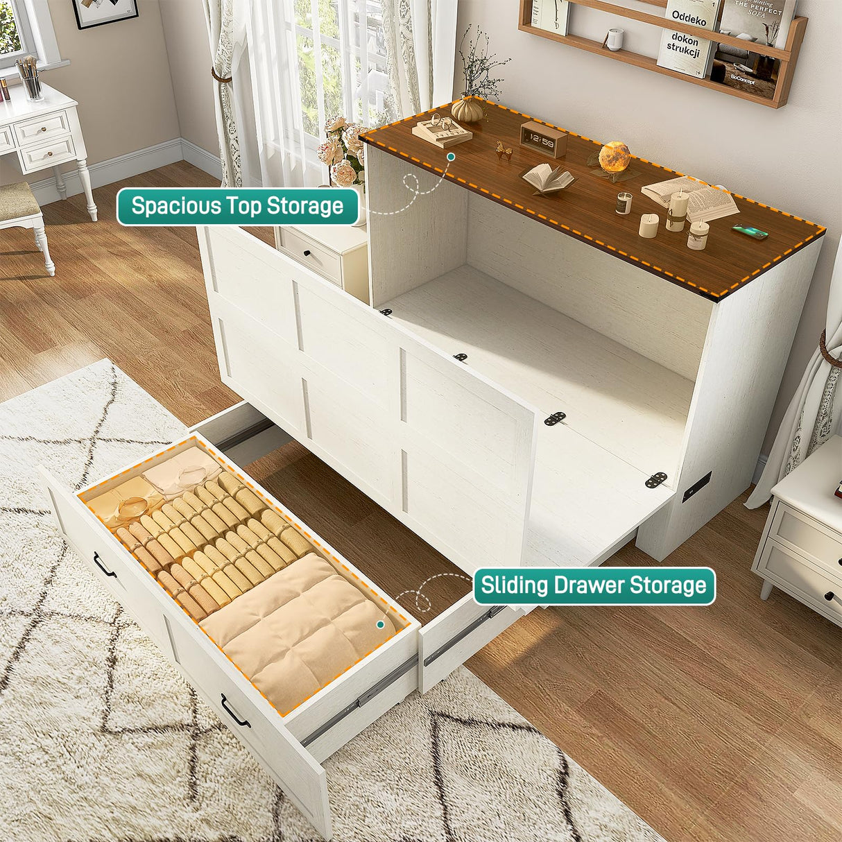 Hlivelood Queen Size Murphy Chest Bed with Drawer and Charging Station, Farmhouse Wood Space-Saving Hidden Folding Bed Chest, Multifunctional Storage Cabinet Beds for Bedroom, Office, Rustic White Hlivelood