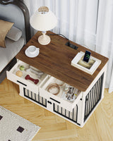 Hzuaneri 39.4'' Large Dog Crate Furniture with 2 Storage Drawers, Heavy Duty Dog Kennel Indoor with Charging Station, Wooden Dog Cage End Table Kennel for Medium/Large Dogs, White Brown DFC84214B Hzuaneri