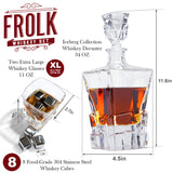 Whiskey Decanter and Stones Gift Set for Men - Whiskey Decanter, 2 Rocks Whiskey Glasses, 8 Stainless Steel Whisky Cubes, 2 Slate Coasters, Special Tongs & Freezer Pouch in Pinewood Gift Box Frolk