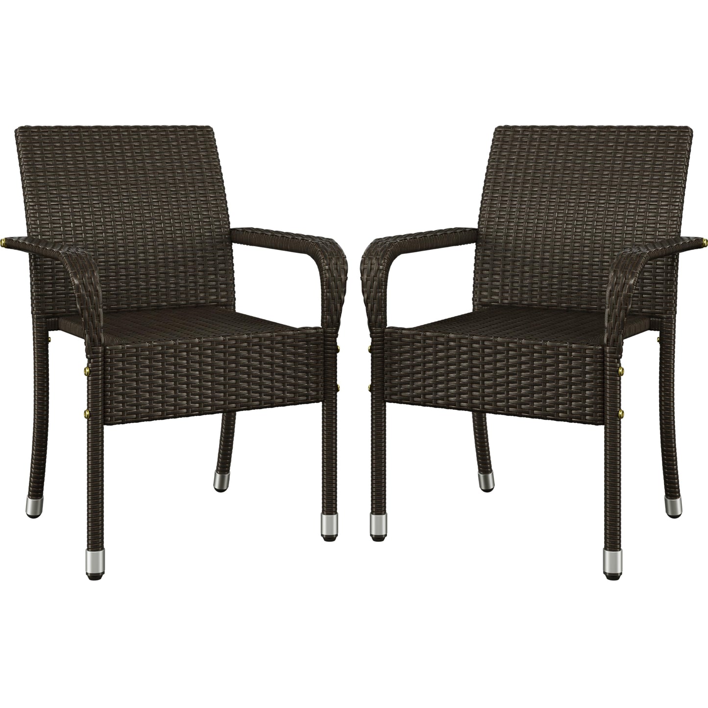 Yaheetech Set of 2 Stackable Outdoor Rattan Dining Chairs, All-Weather Armchair w/Armrests, Steel Frame for Garden, Patio, Deck, Yard, Poolside, Brown