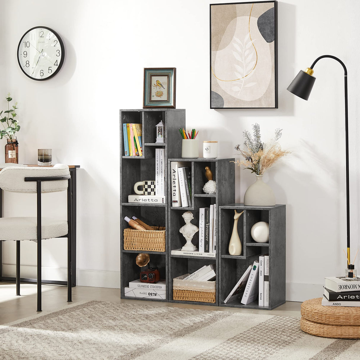 VECELO 3-Tier Small Bookcase, 4 Cube Bookshelf with Height Difference Shelves for Most Books, Modern Floor Standing Unit, Each Shelf Hold Up to 66 LBS for Living Room Bedroom, Grey VECELO