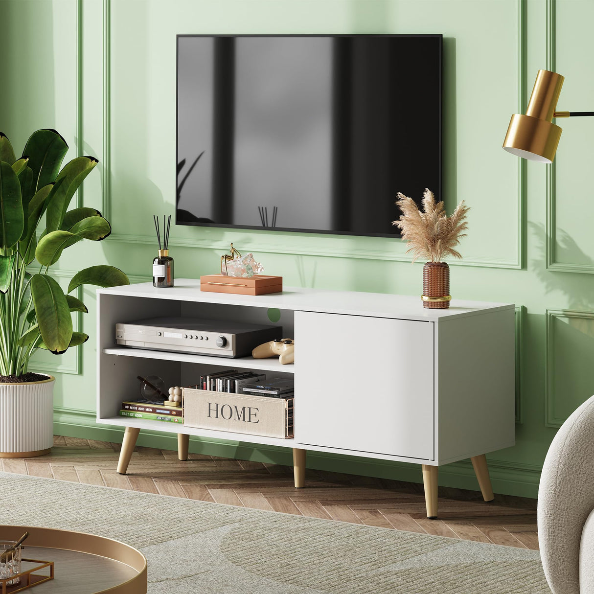 WLIVE TV Stand for 55 Inch TVs, Entertainment Center with Storage Cabinet, Mid-Century TV Stands for Living Room and Bedroom, 50" TV Console, White WLIVE
