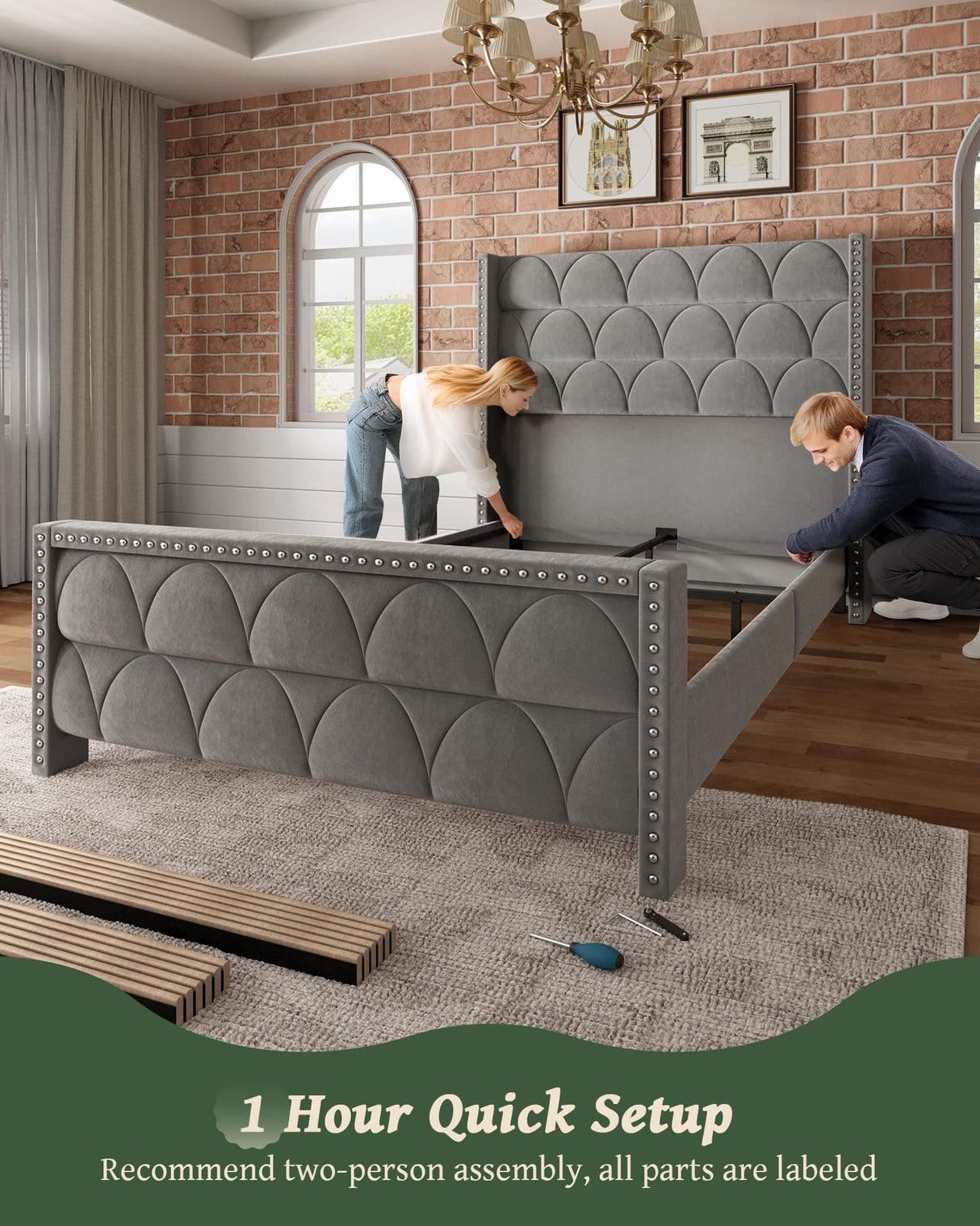 OHOHOLIVE Queen Size Bed Frame with 56" Headboard - 1000LBS Capacity Support, Velvet Upholstered Wingback Platform Bed Frame, Noise Free, Sturdy Wooden Slat Support OHOHOLIVE