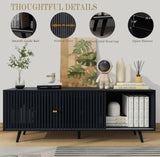 Fsbecl TV Stand for TVs up to 70'',Mid Century Modern TV Stand, with Sliding Doors and Open Shelf, Entertainment Center with Storage,Television Stands,Media Console for Living Room,Black Fsbecl