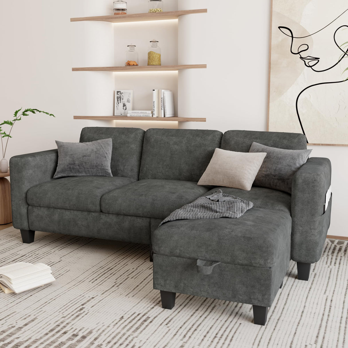 Couch for Living Room - Small Space Couches Sectional L-Shaped Sofa, 3 Seat Modern Couch, Sofas Convertible with Storage Ottoman for Small Space, Bedroom, Offices and Apartments - Grey Grzyhem