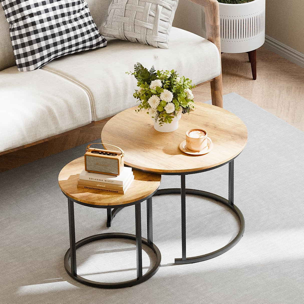 Garden 4 you Nesting Coffee Table, 23.6" Round Coffee Table Set of 2, Wooden Nesting Table Set for with Metal Frame, Side Tables for Living Room Bedroom Balcony, Brown Garden 4 you