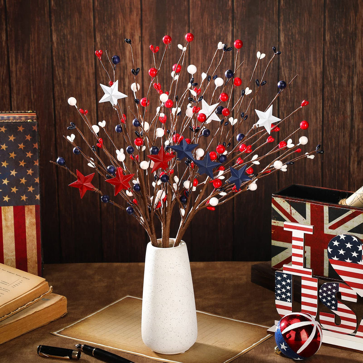 Jutom 6 Pcs 4th of July Decorations Patriotic Artificial Berry Stem Picks 13'' Independence Day Decor White Blue Red Stars Memorial Day Faux Berry Branches Table Centerpiece Decor for Home Office Jutom