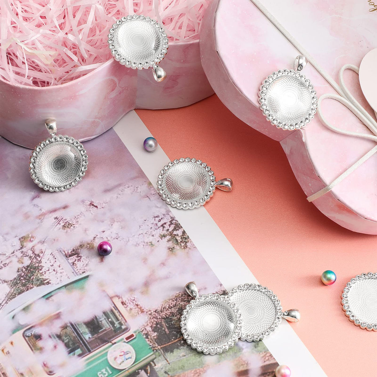 Hicarer 32 Pcs Sublimation Necklace Blank Round Rhinestone Bezel Pendant Trays Set with Glass Domes Sublimation Blank Discs Double Sided Adhesive Tape for DIY Wedding Birthday Graduation Jewelry Gifts Hicarer