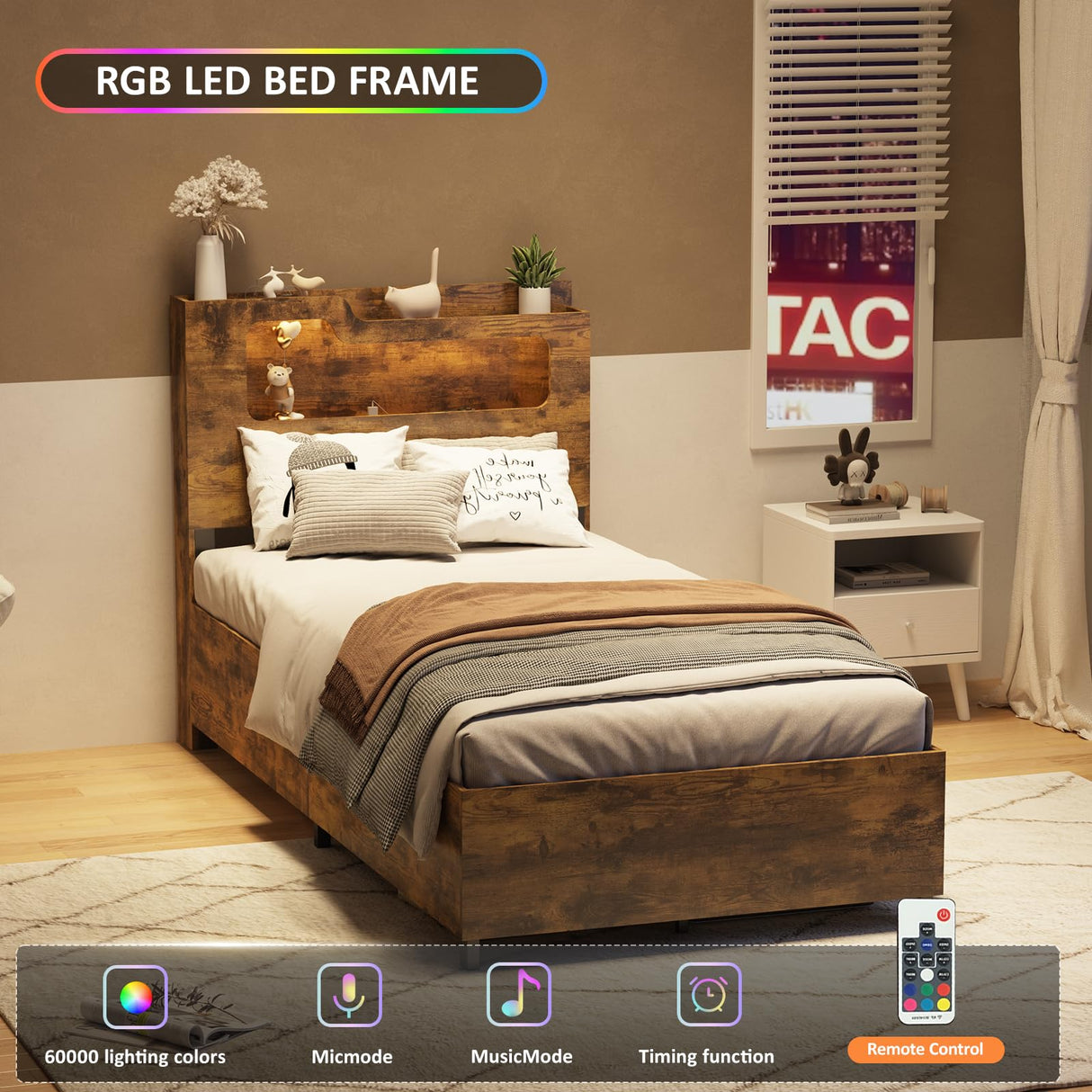 Fameill Twin Size Lift Up Storage Bed Frame, 2-Tier Headboard Wooden Platform Bed Frame with Lifting Storage & Charging Station, No Spring Box Needed/Noise Free Fameill