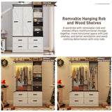 Farmhouse 3 Doors Armoire Wardrobe Closet w/Folding Sliding Barn Door and Lights, LED Armoire Closet w/Drawers for Bedroom, Freestanding Wooden Wardrobe Storage Closets w/Hanging Rod,Antique White jiteentarou