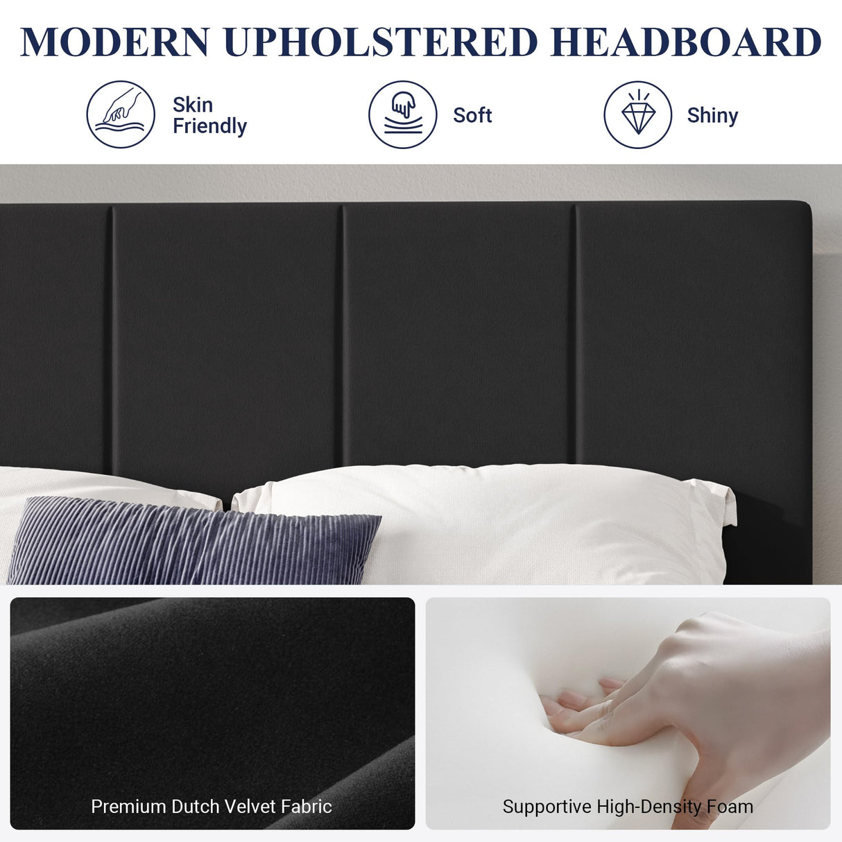 Allewie King Size Dutch Velvet Upholstered Platform Bed Frame/Vertical Channel Tufted Adjustable Headboard/Low Profile Bed Frame/No Box Spring Needed/Easy Assembly/Black Allewie