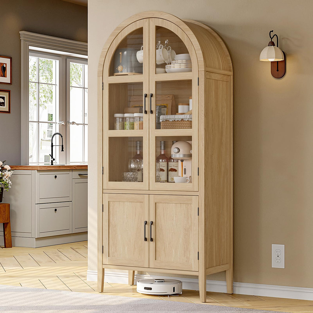 ONBRILL 71" Tall Arched Cabinet, 5-Tier Arched Kitchen Pantry with Glass Doors & Shelves, Modern Display Storage Cabinets with Adjustable Feet, Wooden Pantry Cabinet for Living Room, Dining Room ONBRILL