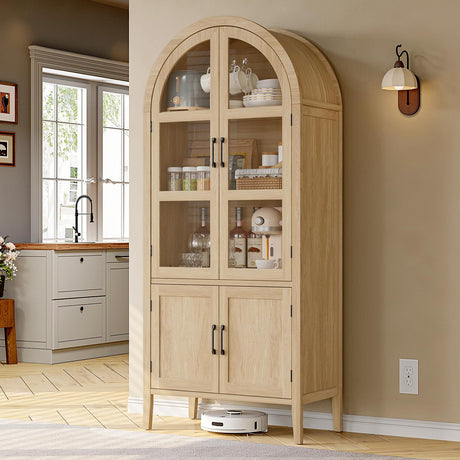ONBRILL 71" Tall Arched Cabinet, 5-Tier Arched Kitchen Pantry with Glass Doors & Shelves, Modern Display Storage Cabinets with Adjustable Feet, Wooden Pantry Cabinet for Living Room, Dining Room ONBRILL