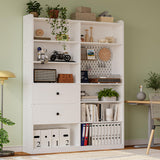 IRONCK Bookshelf and Bookcase with Pegboard and Deep Drawer, 79" H x 55" W 8 Cubby Display Book Shelves, Modern Wide Wood Etagere Shelving Unit for Living Room, White IRONCK