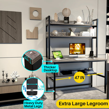 Aquzee Grey Desk with Hutch and Open Bookshelves for Organised Storage - WoodArtSupply