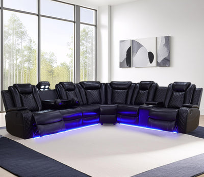 JBXBER Power Recliner Sectional Sofa Set with LED Lights, Leather Reclining Sectional Couch Sets with USB Ports, Cup Holders, Storage Console, L-Shaped Home Theater Seating for Living Room(Black)