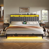 YITAHOME King Size Bed Frame with RGB LED Lights and 4 Drawers, Upholstered Platform Bed with Charging Station and Storage Headboard, No Box Spring Needed, Noise-Free, Fast Assembly, Rustic Brown YITAHOME