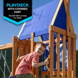 Sportspower North Peak Wooden Swing Set with Heavy Duty A-Frame & 6ft Double Wall Slide and Bonus Anchor Kit, Yellow/Blue Sportspower