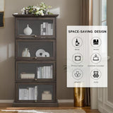 CKEASEAN Tall Bookcase with Glass Doors, 63" H Farmhouse Glass Curio Display Cabinet with Flip up Doors, Elegant Storage Cabinet with 4-Tier Shelves, Rack for Living Room (Brown) CKEASEAN