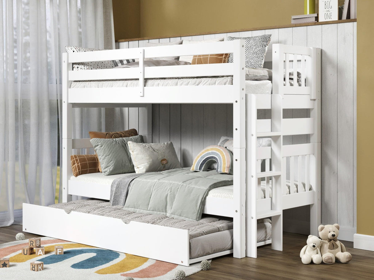 Bedz King Bunk Beds Twin over Twin Mission Style with End Ladder and a Twin Trundle, White Bedz King