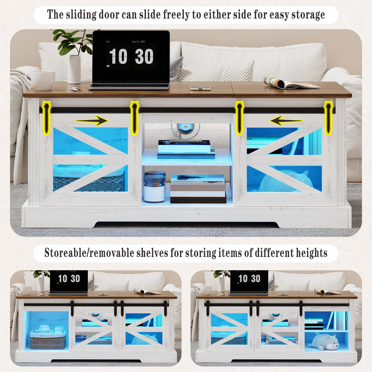 Farmhouse Coffee Table, Lift Top Coffee Table with Gun Cabinet, 2 Sliding Barn Doors-Large Storage and 3 Color LED Lights fit Modern Rectangular Rustic Living Room Center Table,White FREDEES