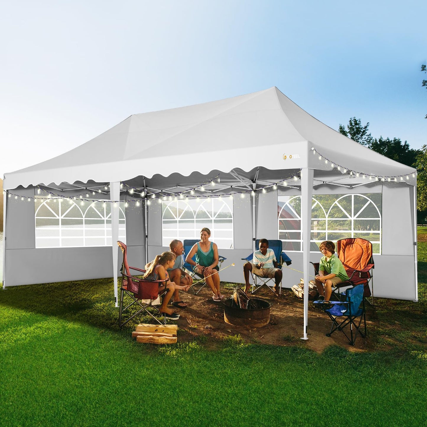 HOTEEL 10x20 Pop Up Canopy Tent for Parties, Waterproof Easy Setup Canopy Tent 10x20 with 6 Sidewalls, 4 Sandbags, Wheeled Bag, Outdoor Sunproof 10x20 Canopy for Backyard, Wedding, Event, Patio, White