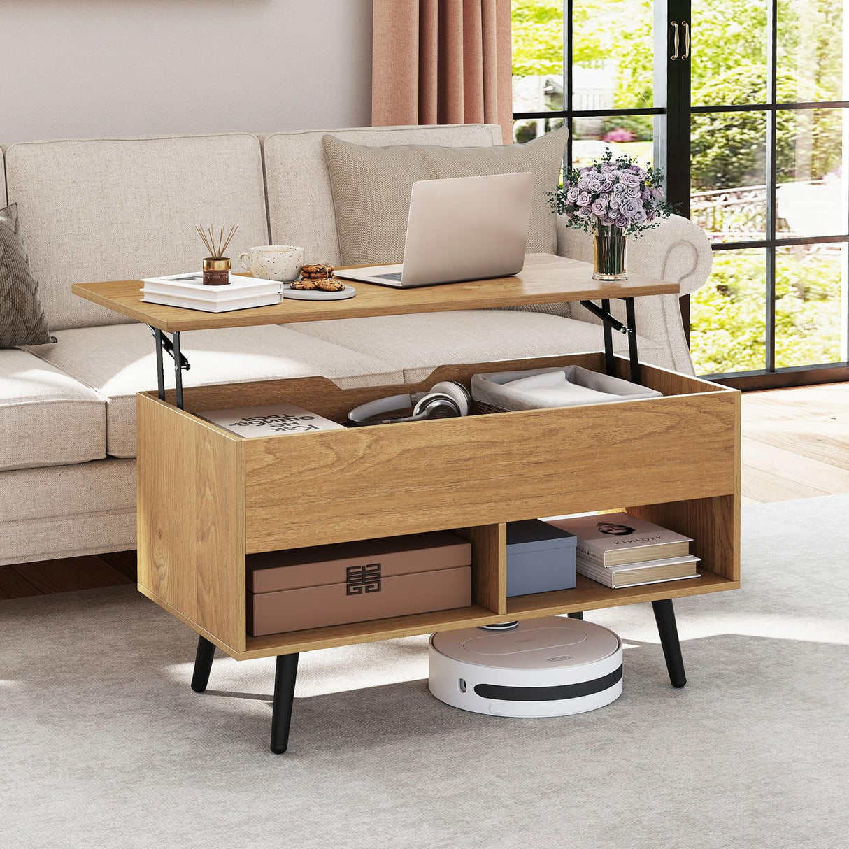 Giantex Lift Top Coffee Table, Modern Cocktail Table w/Hidden Compartment & 2 Open Shelves, Flip Top Center Table, Wooden Pull up Coffee Table for Living Room, Reception Room, Office (Natural) Giantex