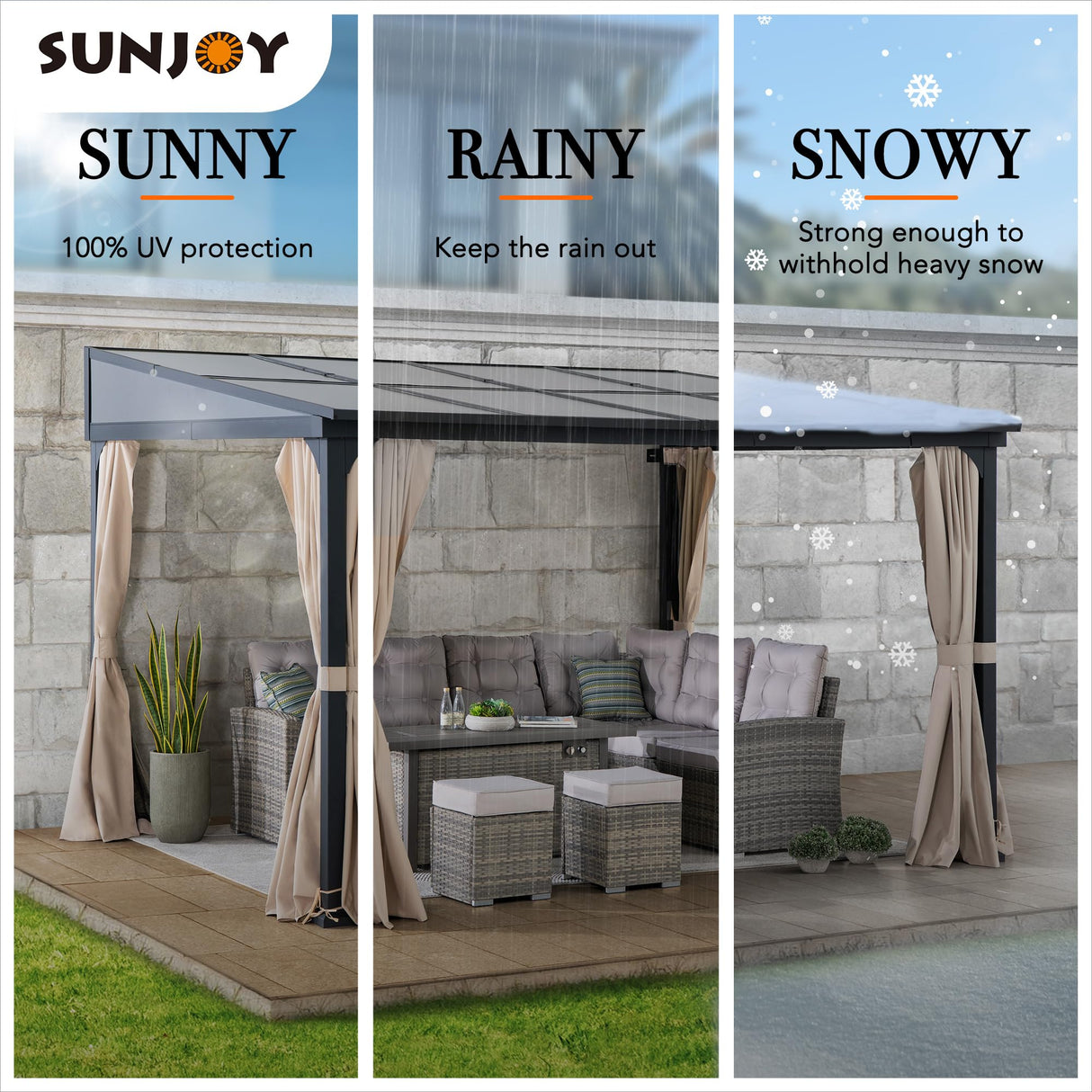 Sunjoy 10 x 12 ft Wall Mounted Gazebo with Polycarbonate Roof, Black Aluminum & Metal Frame Lean to Gazebo with Curtains and Netting… Sunjoy