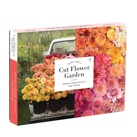 Galison Floret Farm's Cut Flower Garden 500 Piece Double Sided Jigsaw Puzzle, Fun and Challenging Puzzle with Close Up of Colorful Flowers on One Side and Vintage Truck Filled with Flowers on Other Galison
