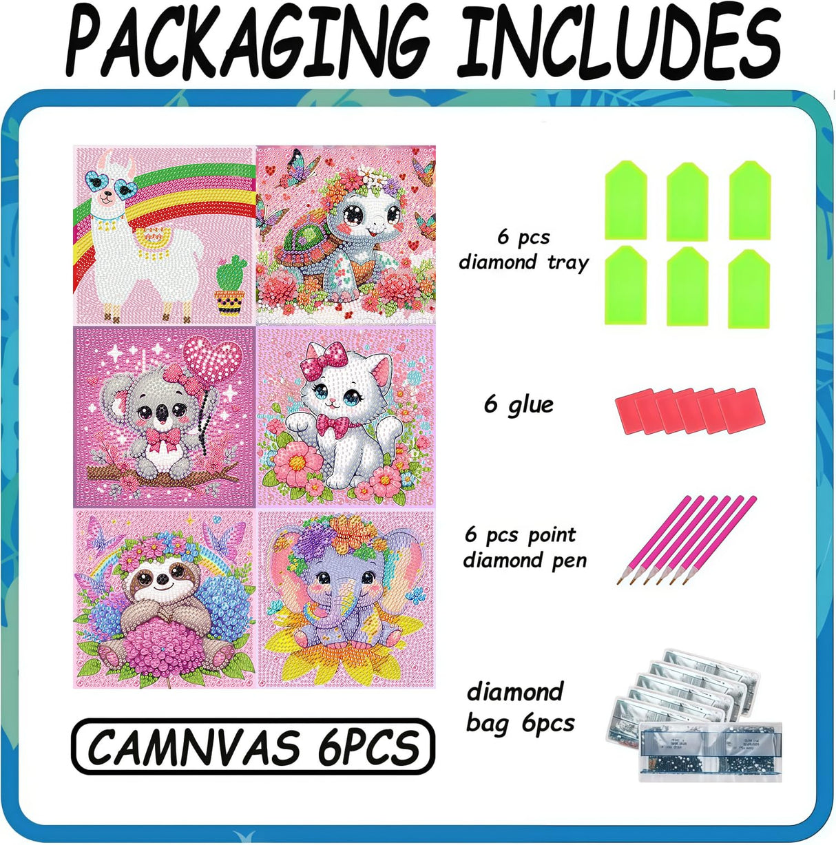 6 Pack 5D Elephant Diamond Painting Kits for Kids Beginners,Cute Animals DIY Diamond Art Kit for Kids,Full Round Drill Big Gem Art for Kid,Home Wall Decoration 6X6 inch Acelii