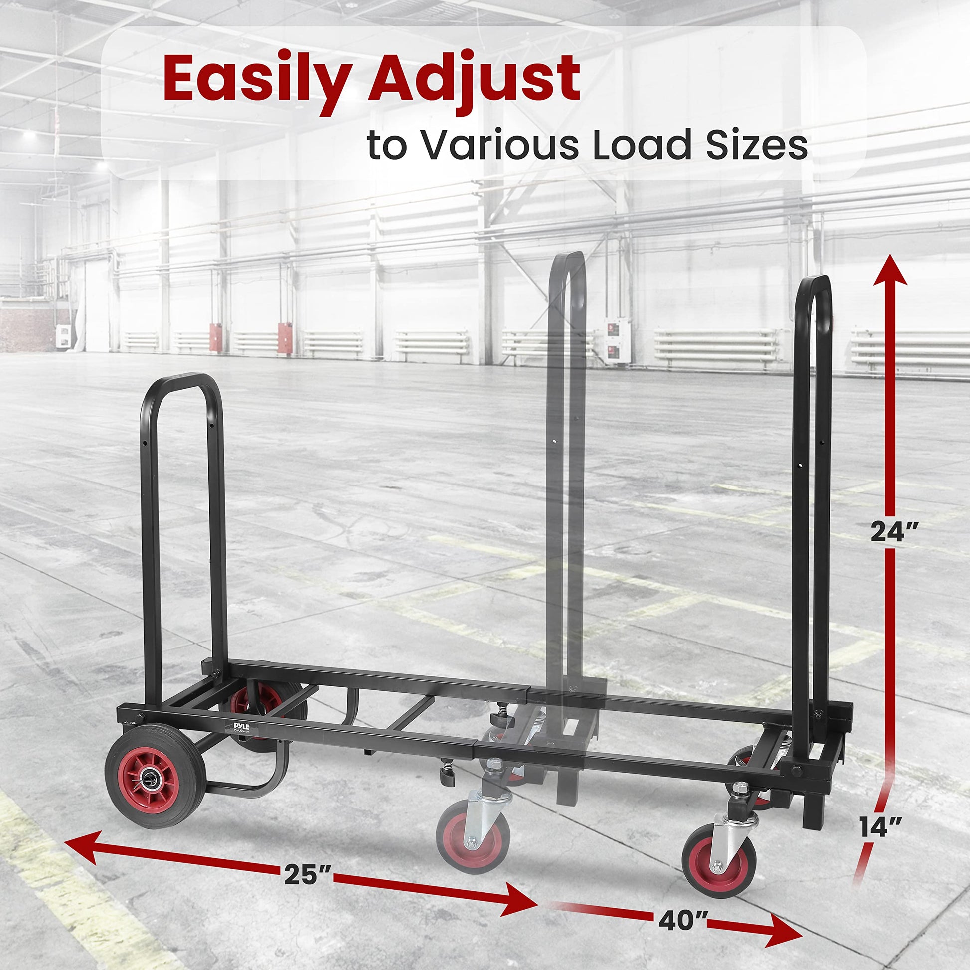 Pyle Compact Folding Adjustable Equipment Cart - Heavy Duty 8-in-1 Convertible Cart Hand Truck/Dolly/Platform Cart with R-Trac Wheels - Expandable Up to 25.24" to 40.24" - Pyle PKEQ38 - WoodArtSupply