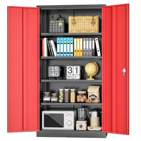 INTERGREAT Metal Lockable Storage Cabinet, 72” H Storage Cabinet with 2 Doors and 4 Adjustable Shelves for Office, Home, Garage, Pantry (Assembly Required, 18”D, Black Red) INTERGREAT