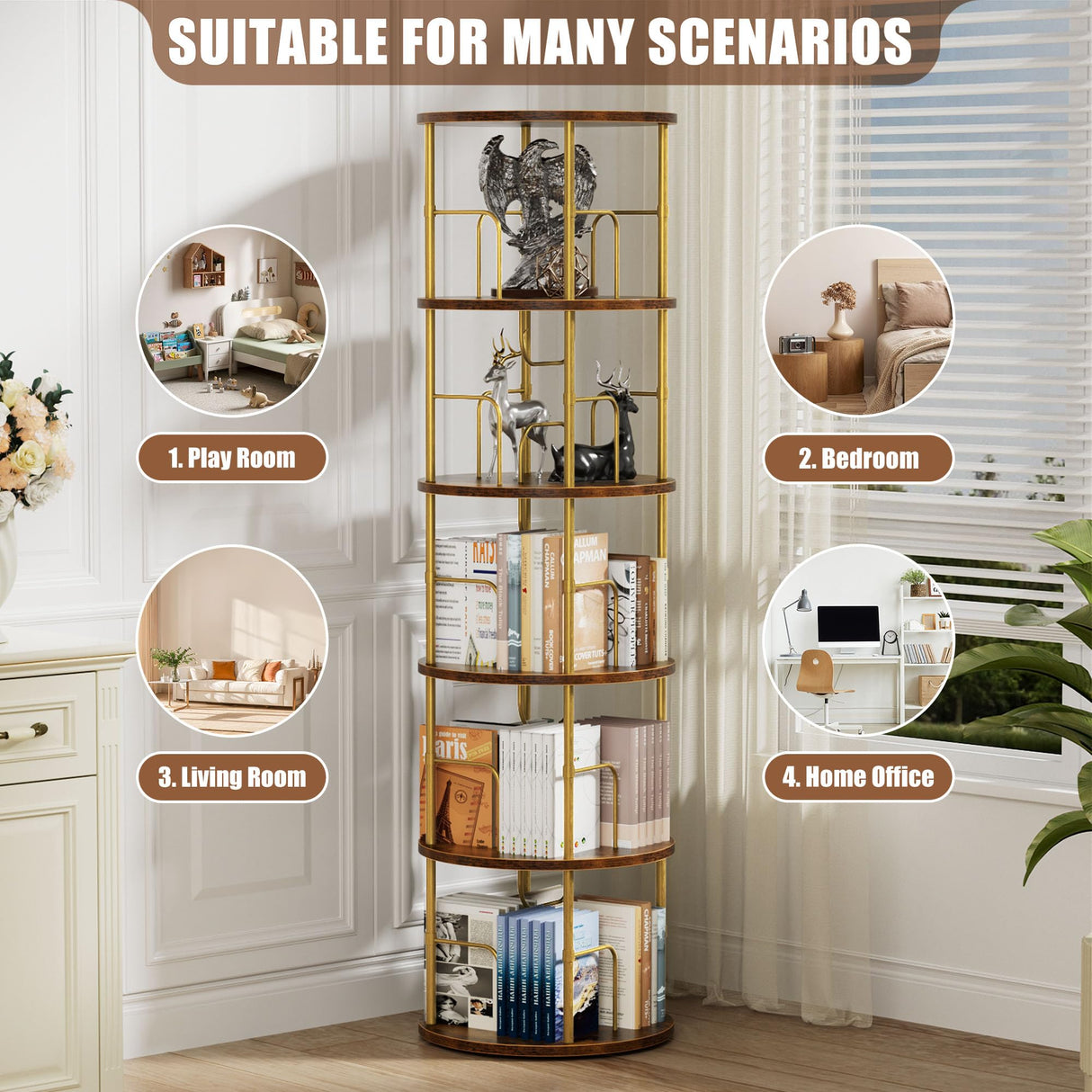 Flycity 5 Tier Rotating Bookshelf, 360° Corner Bookshelf Tower, Round Revolving Bookcase with Special Visible Partition Storage, Narrow Book Shelf Organizer for Living Room, Small Space, Gold Flycity