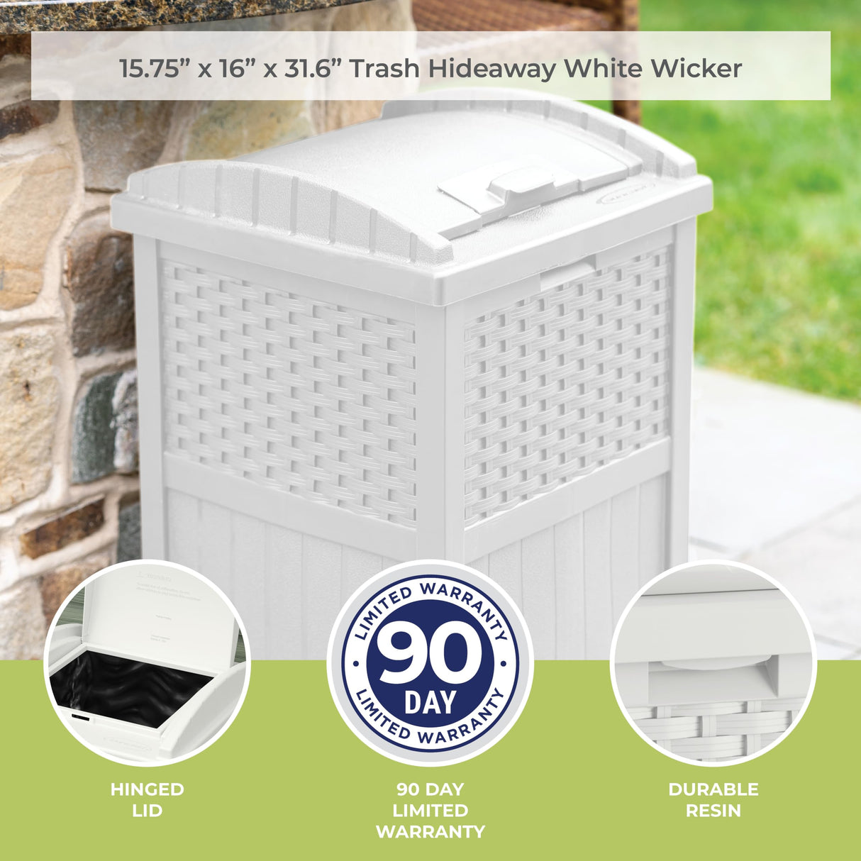 Suncast 33 Gallon Durable Plastic Hideaway Outdoor Garbage Can Trash Bin with Lid and Wicker Design for Backyard, Deck, or Patio, White Suncast