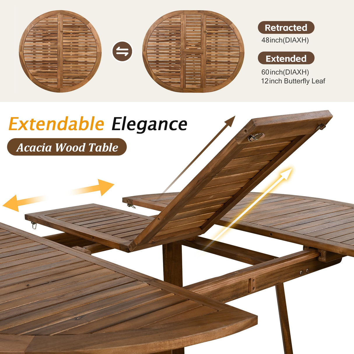 Modern 5-Piece Outdoor Patio Dining Set, All-Weather Acacia Wood Extendable Round Dining Table with 12inch Butterfly Leaf and 4 Rattan Arm Chairs for Backyard, Garden, Poolside CKLMMC