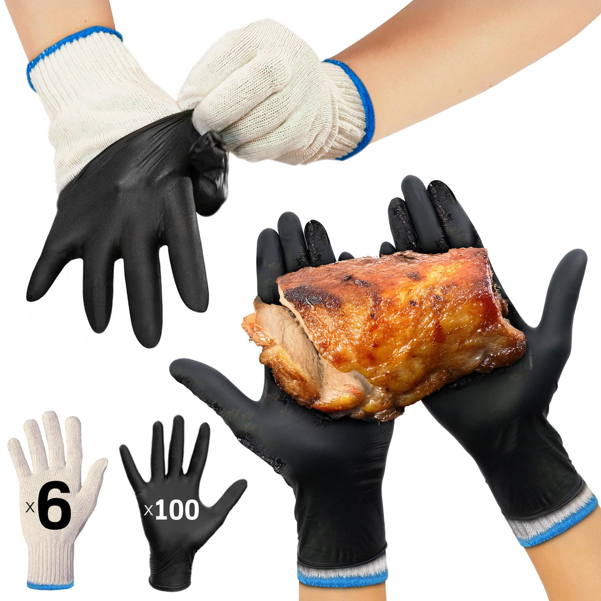 Raxwell BBQ Gloves - 6 Heat Resistant & Washable Cotton Liners + 100 Disposable Nitrile Food Prep Gloves - For Barbecue Smoking, Cooking & Hot Food Prep - Size Large Raxwell