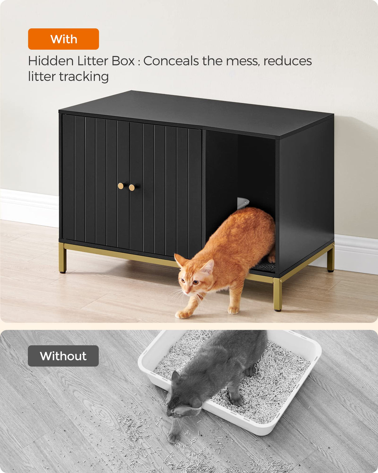 Feandrea Litter Box Enclosure, Modern Cat Litter Box Furniture Hidden, with Scratching Mat, Tall Legs, Cat House, Side End Table, 31.5 x 19.7 x 21.7 Inches, Black and Gold UPCL007B01 Feandrea