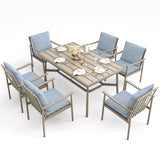 HAPPATIO 7-Piece Outdoor Dining Set for 6, Aluminum Patio Dining Set Includes 6 Dining Chairs and 1 Large Rectangular Table with Umbrella Hole, Patio Furniture Set for Lawn, Porch, Backyard, Brown HAPPATIO