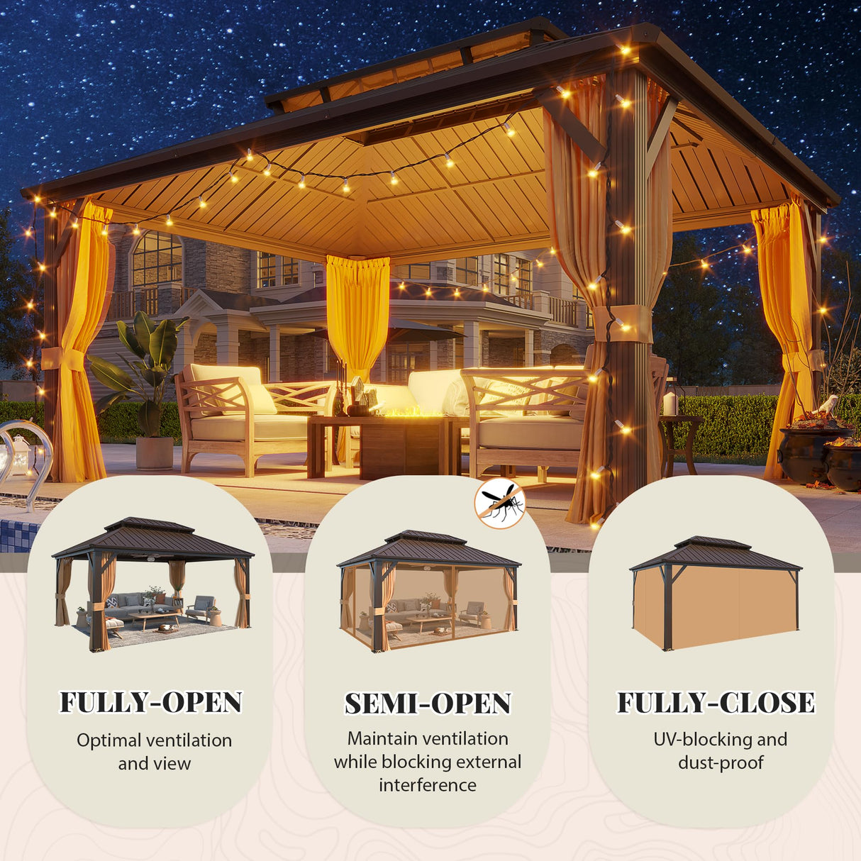 YOLENY 12' x 16' Hardtop Gazebo with Galvanized Steel Double Roof, Aluminum Pergolas Frame, Curtains and Netting Included, Metal Outdoor Gazebos for Garden, Patios, Lawns, Parties YOLENY