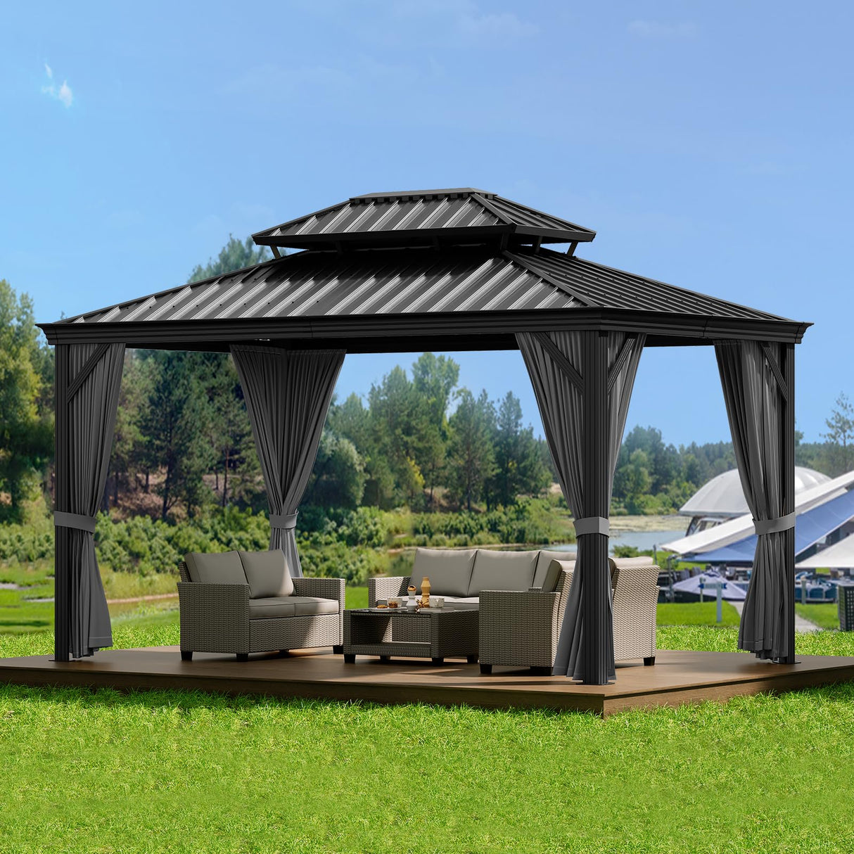 GAOMON 12x14ft Hardtop Gazebo, Heavy Duty Double Roof Outdoor Garden Galvanized w/Nettings Curtains Steel Combined of Horizontal Vertical Stripes Roof for Patio, Backyard, Deck, Lawns (Gray) GAOMON