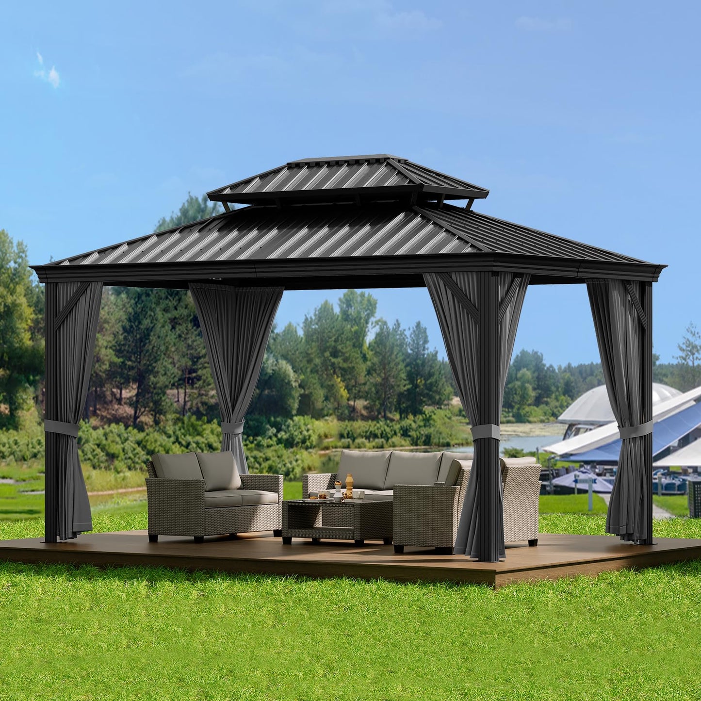 GAOMON 12x14ft Hardtop Gazebo, Heavy Duty Double Roof Outdoor Garden Galvanized w/Nettings Curtains Steel Combined of Horizontal Vertical Stripes Roof for Patio, Backyard, Deck, Lawns (Gray)