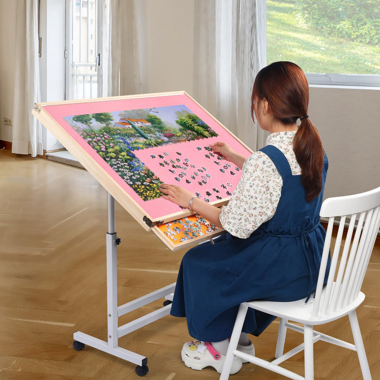 Pinikuyiro Pink Puzzle Table with Drawers and Wheels,Height Adjustable Jigsaw Puzzle Table with Metal Legs,Tilting Folding Puzzle Board for 1500 Pieces Puzzles Pinikuyiro
