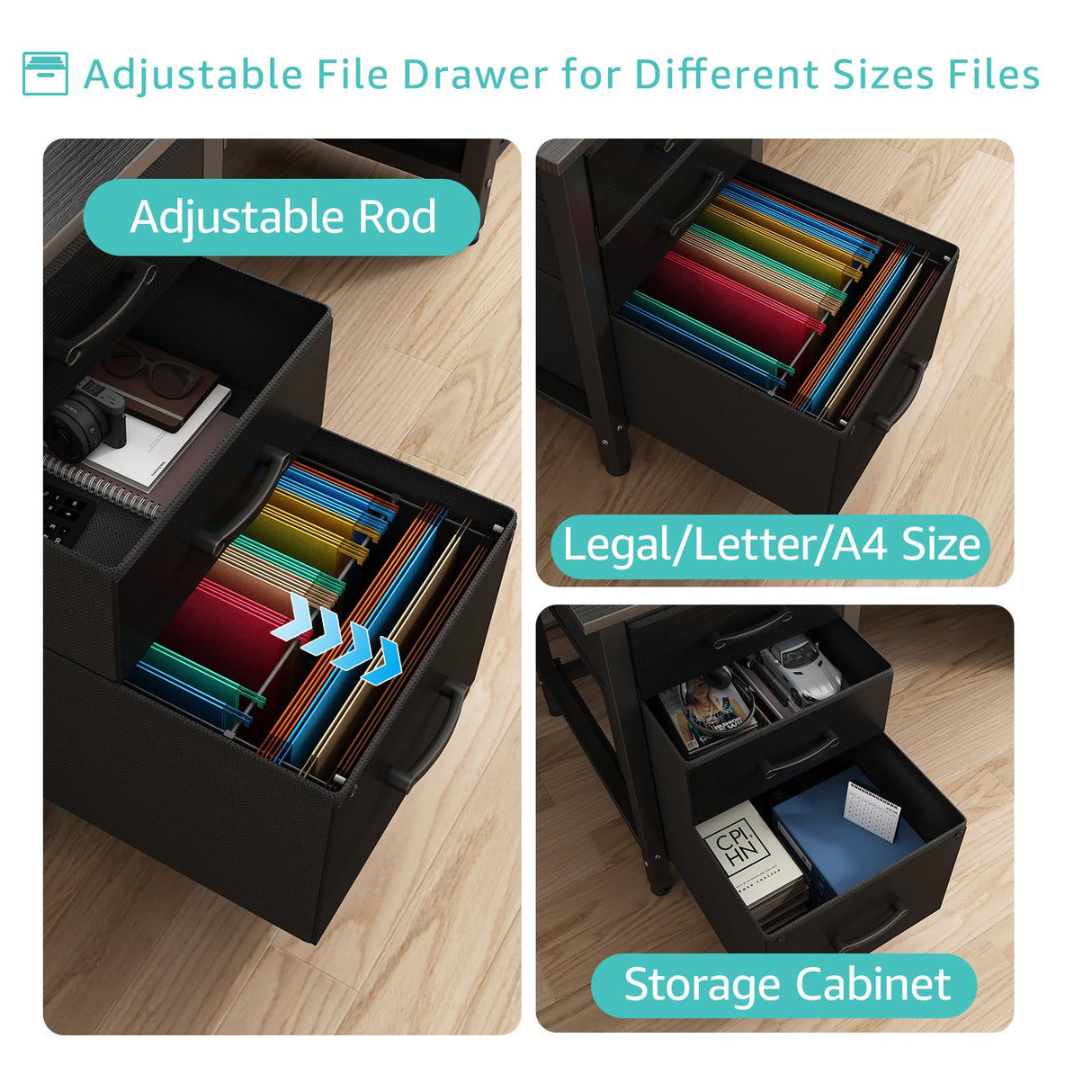 Lufeiya Computer Desk with File Drawers Cabinet, 47 Inch Home Office Desks with Filing Cabinet for Small Space, Gaming Study Writing Table PC Desks, Black Lufeiya