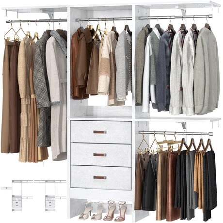 Armocity 5FT Small Closet System with 3 Fabric Drawers, 60 Inches Walk In Closet Organizer System With 3 Adjustable Shelves, Heavy Duty Clothes Rack Built-In Garment Rack, 59" L x 16" W x 71" H, White armocity