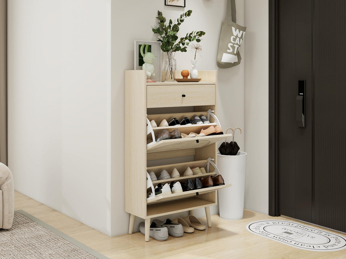 ZeHuoGe Natural Rattan Shoe Cabinet with 2 Flip Drawers, 2-Tier Shoe Rack Storage Cabinet for Heels, Slippers, Free Standing Shoe Rack for Entrance Hallway (Natural) ZeHuoGe