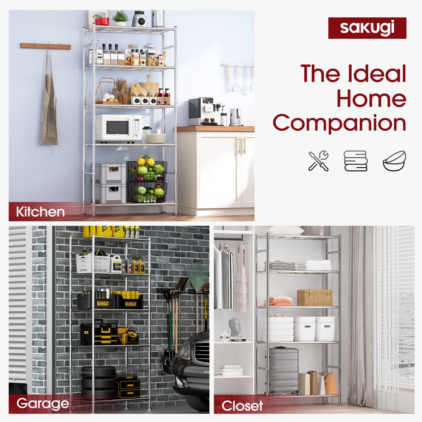 Sakugi Storage Shelves - 5 Tier Shelf Organizer, Heavy Duty Garage Shelving Unit with Leveling Feet, Stable Metal Shelves Organizer for Pantry, Kitchen and Closet, 33.1" W X 12.6" D X 72.0" H, Silver